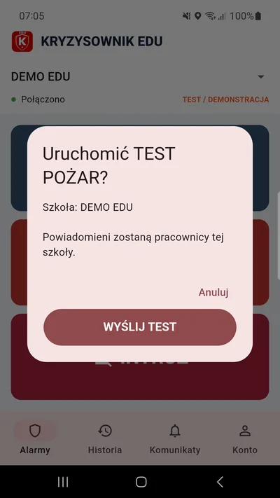 Potwierdzenie alarmu z nazwą szkoły przed wysłaniem